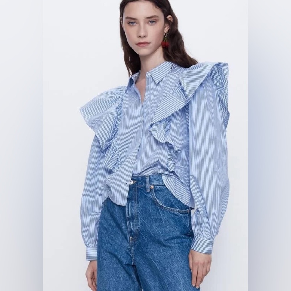 Zara Long Sleeve Stripe Blue White Shirt Ruffles Size XS - Picture 3 of 10